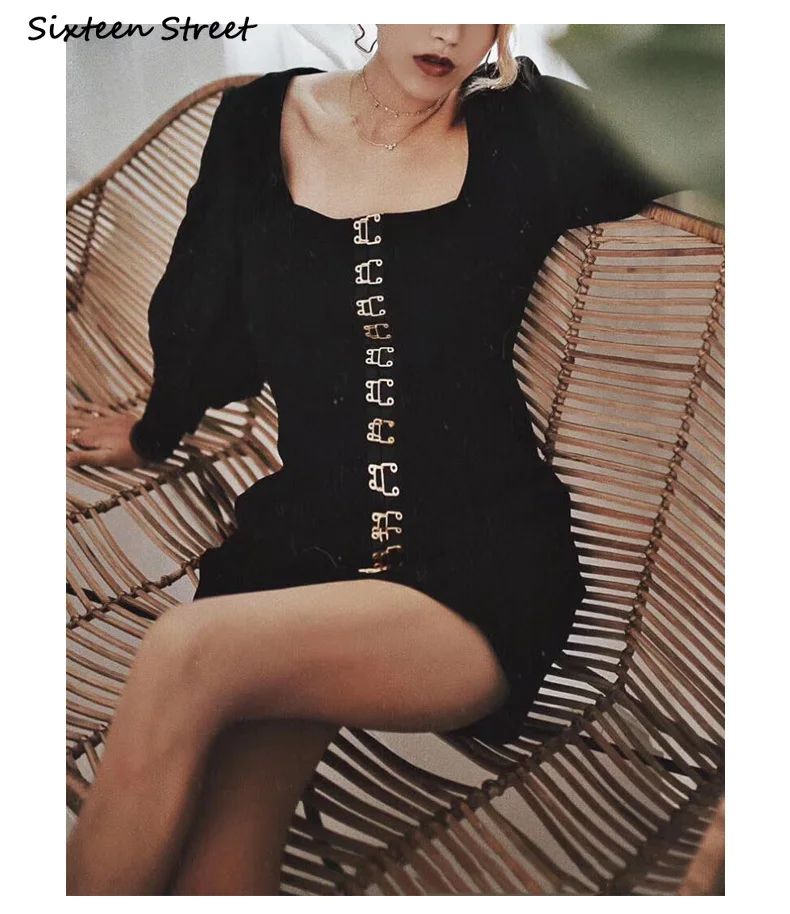 Vintage Neue Schwarze Kleid Frau Einreiher Square Neck Bodycon Kleid Weibliche Herbst Lange-sleeve Sexy Abend Party Kleider