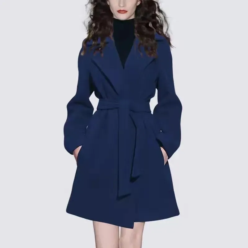 Fashion Purple Woolen Coat Women 2022 Autumn Winter Coats Overcoat New Waist Belt Woolen Trench Coat Female Elegant Outerwear