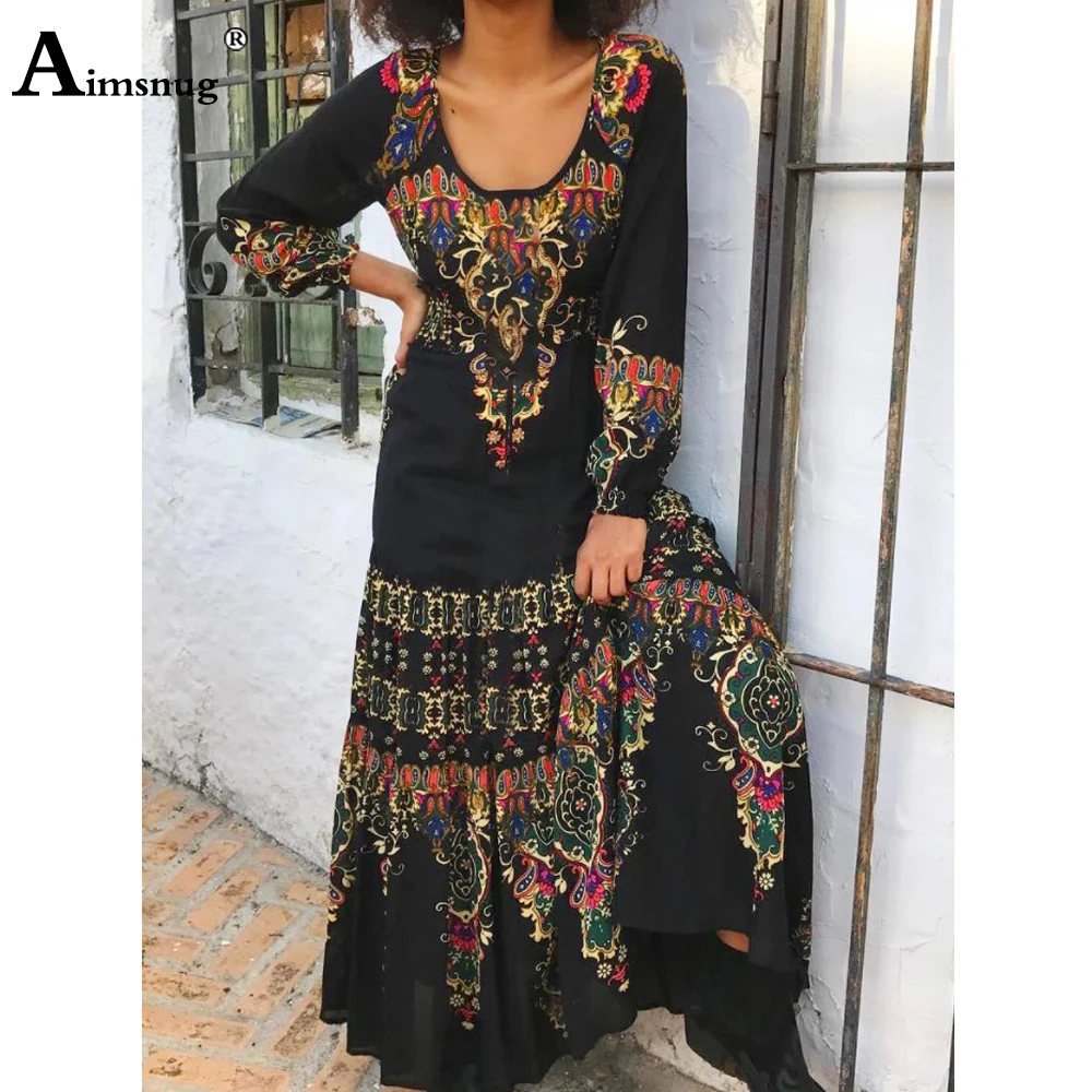 

Women Elegant Long Maxi Dress Long Sleeves Bohemian Flower Print Dresses 2022 Summer Vintage A-Line Dress Femme Robe Clothing