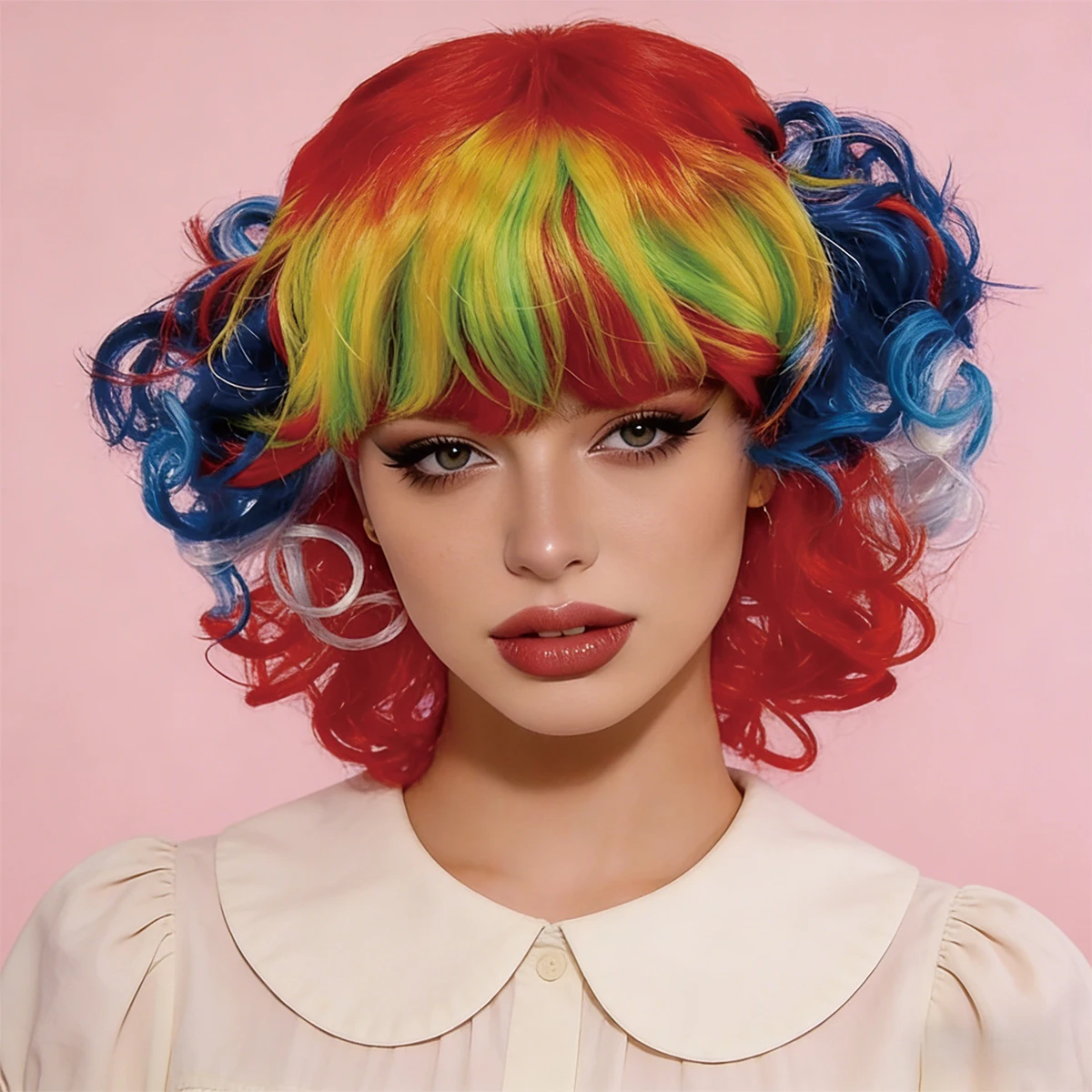 

Rainbow Multi-color Curly Synthetic Clown Wig with Bangs, Funny Style for Halloween Party and Carnival Costume