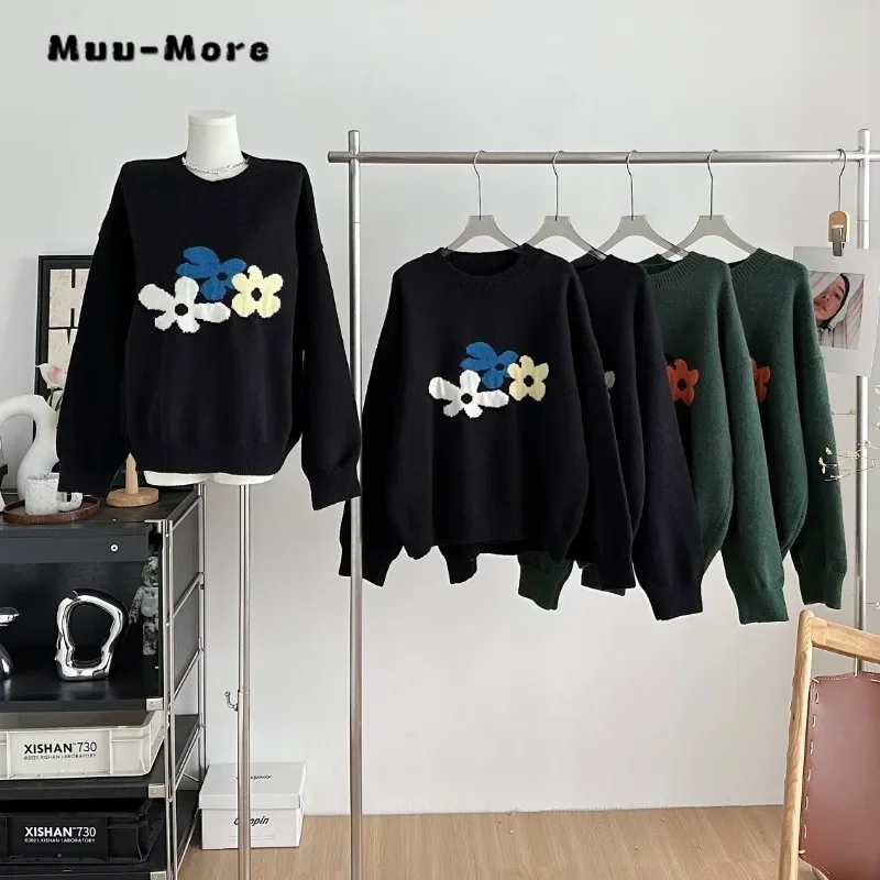 

Women's Vintage Flowers Print Knitting Long Sleeve Pullovers 2023 Winter Fashion Round Neck Casual Ladies Loose Female Sweater