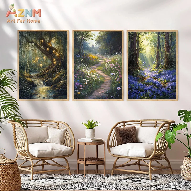 AZNM Magical Forest Canvas Wall Art Enchanted Tree Wildflower Stream Moonlight Fantasy Landscape Print Unframed Canvas Painting