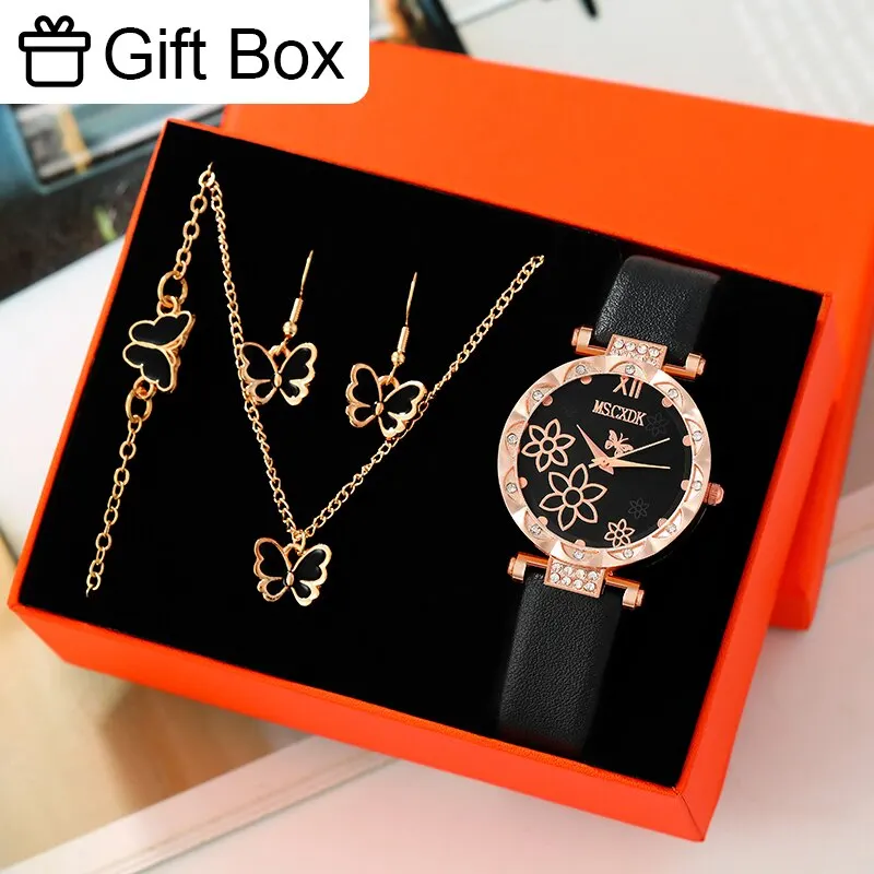 MSCXDK 5pcs Women Fashion Quartz Watch Bracelet Necklace Bracelet Earring Set With Gift Box Pointer Watch Butterfly Set