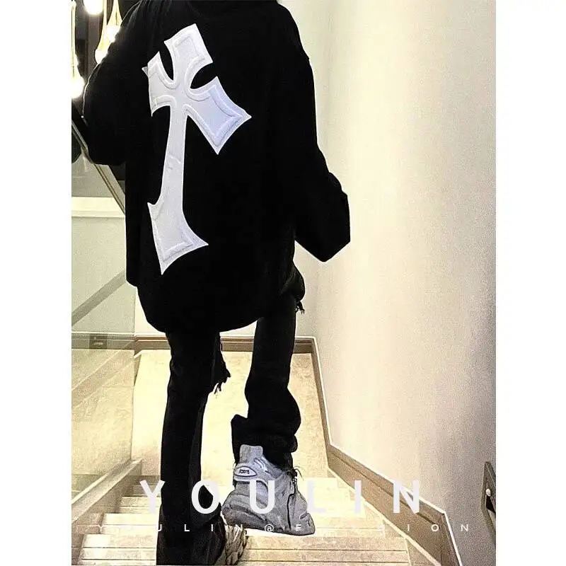 Burgundy High Street Trendy Men's Jacket 2025 American Retro Long Sleeve TShirt Heavyweight Cross Crew Neck Sweatshirt for Fall