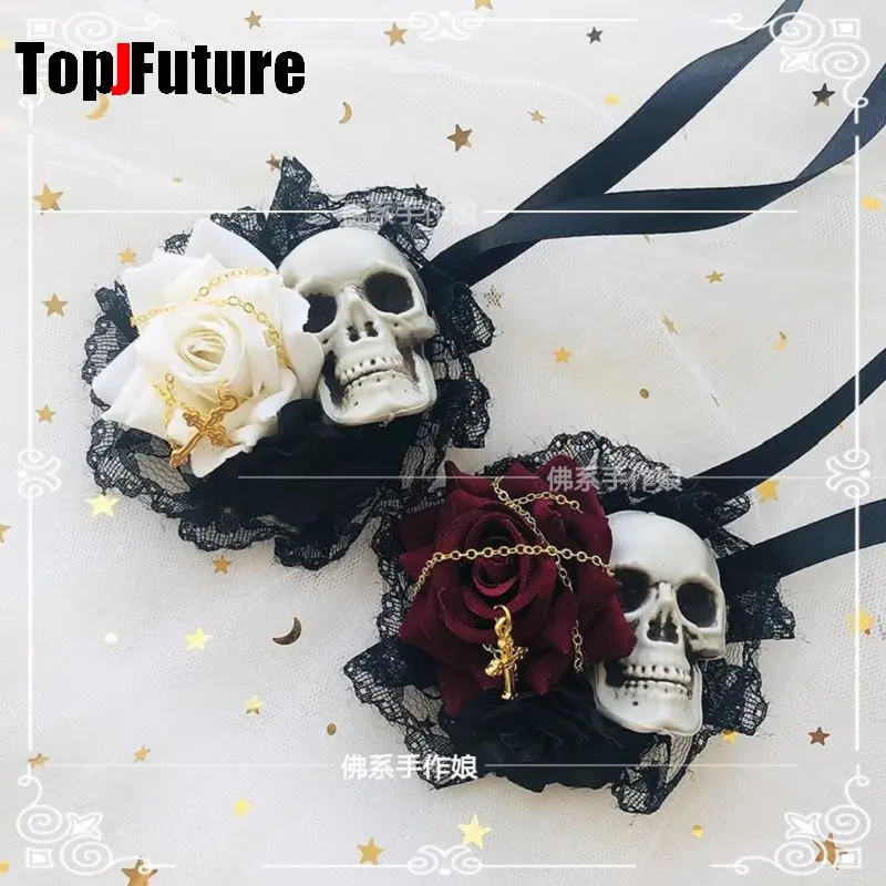 Harajuku Steampunk Y2K da donna per ragazze Gotico fatto a mano Scheletro Rosa pizzo dank lolita COS accessori Maschera per occhi singoli