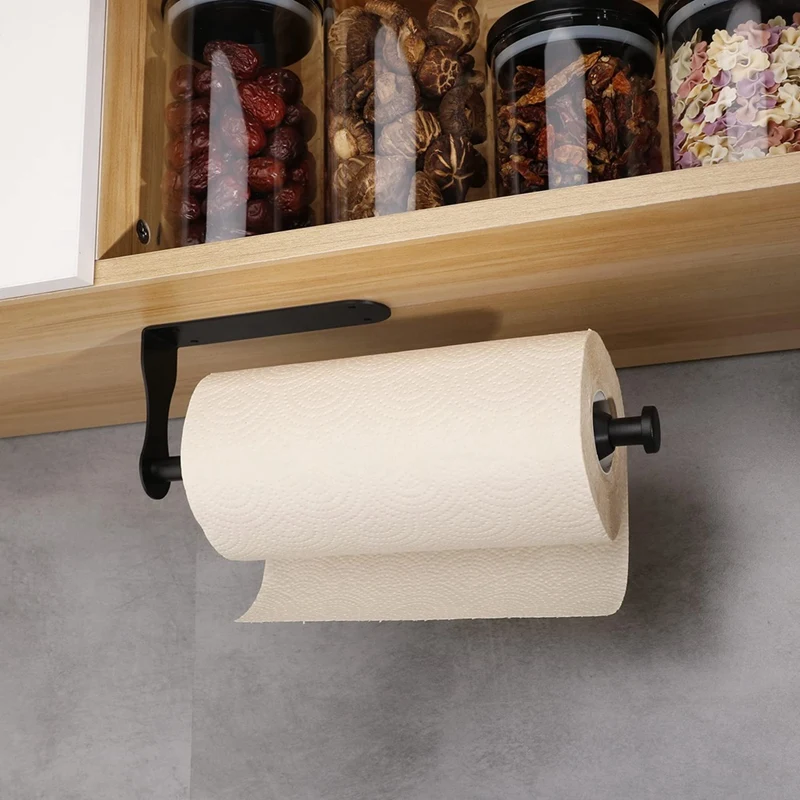 Porta asciugamani di carta da 1 pezzo sotto l'armadio Portarotolo da cucina nero Portarotolo da parete per cucina di casa Montaggio a parete