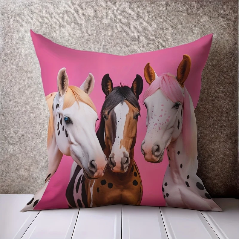 3 horses on pink background pillow cover 45x45cm short plush printed fabric double-sided zipper machine washable festive decor
