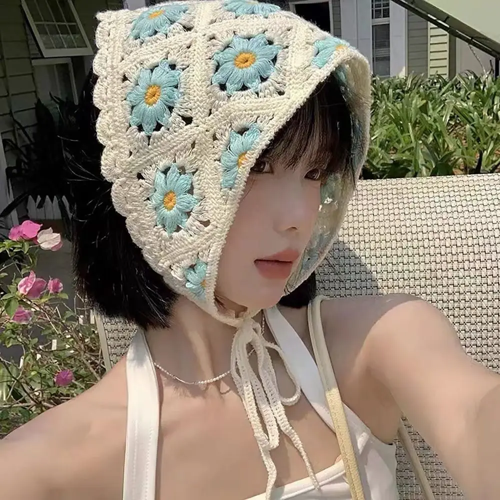 Sweet French Pastoral Style Triangle Headband Knitted Little Flower Headscarf Hat Handmade Crochet Headband Towel Spring Summer