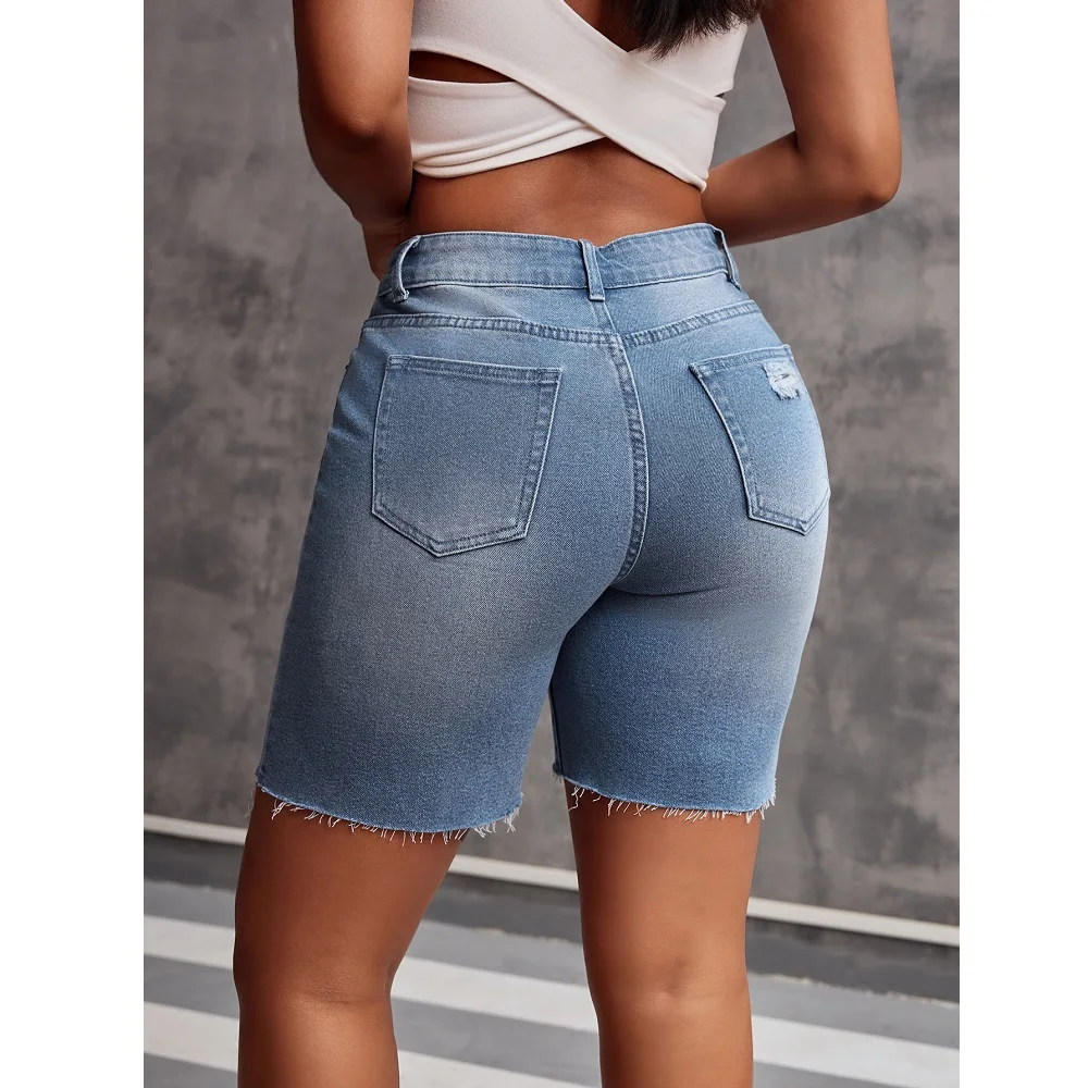 Pantalones cortos vaqueros de verano para mujer, pantalones cortos vaqueros con bolsillos de color sólido y cintura alta