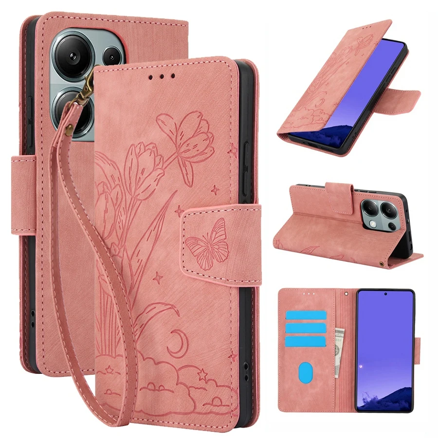 Flower Butterfly Flip Case with Wrist band for Redmi Note 13 12 11 10 9 Note 13 Pro Note 12S 11S 10 Pro Kickstand Phone Cover