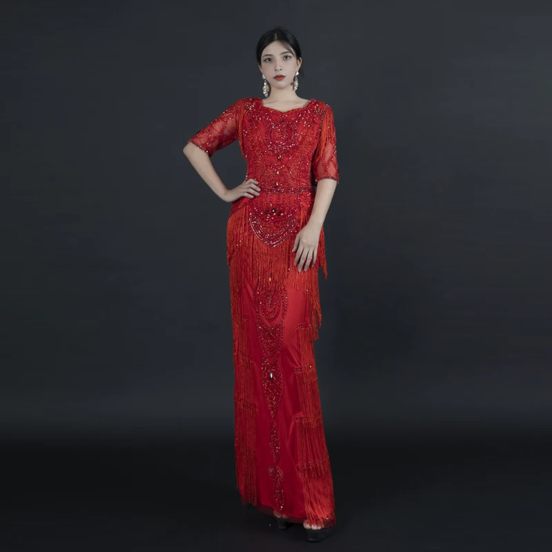 

Luxury Red Gown for Women Custom Evening Dress Heavy Handmade Beading Tassels Dresses for Wedding Special Occasions C71