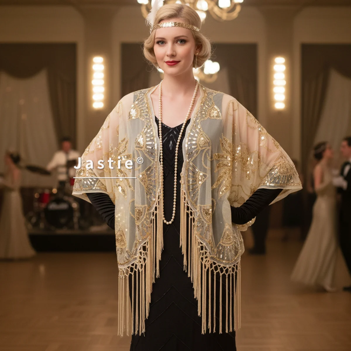 

1920s Gatsby Flapper Shawl Sequin Art Deco Fringe Kimono Cardigan Sheer Mesh Embellished Vintage Women Party Costumes Retro Tops