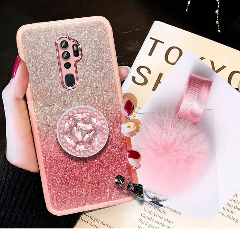 A5 2020 Luxury Fur Ball Lanyard Case For OPPO A5 A9 A53 A53S 2020 Realme C53 C55 11 Glitter Case A 9 5 With Diamond Holder Cover