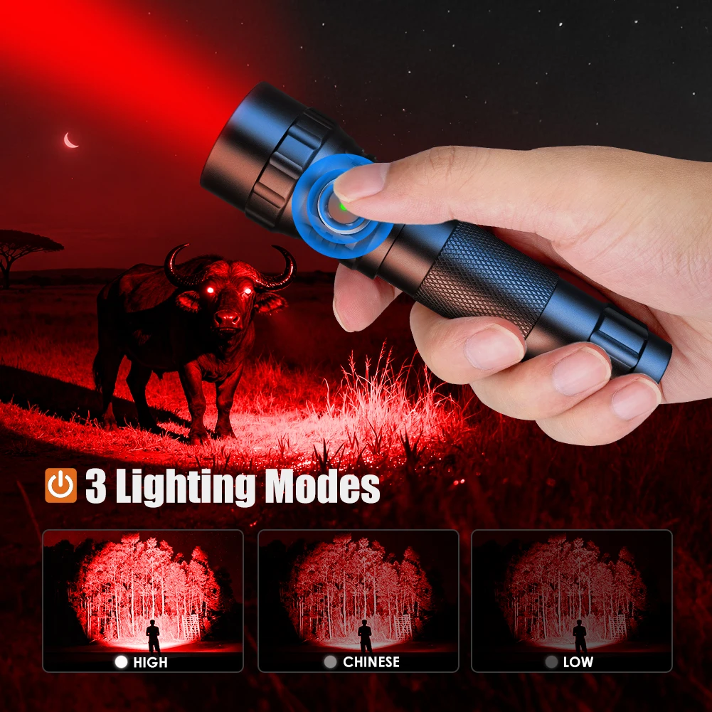 UniqueFire 501BPRO LED Flashlight Red Beam Hunting Light Zoomable 3 Modes Long Range Torch for Aviation, Astronomy, Night Vision