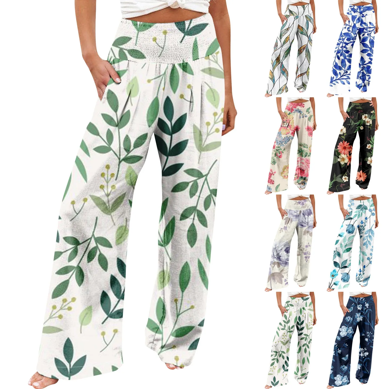 Women'S High Waist Trousers Causal Loose Wide Leg Pants Summer Daily Regular Flower Printed Elastic Waist Pants With Pockets