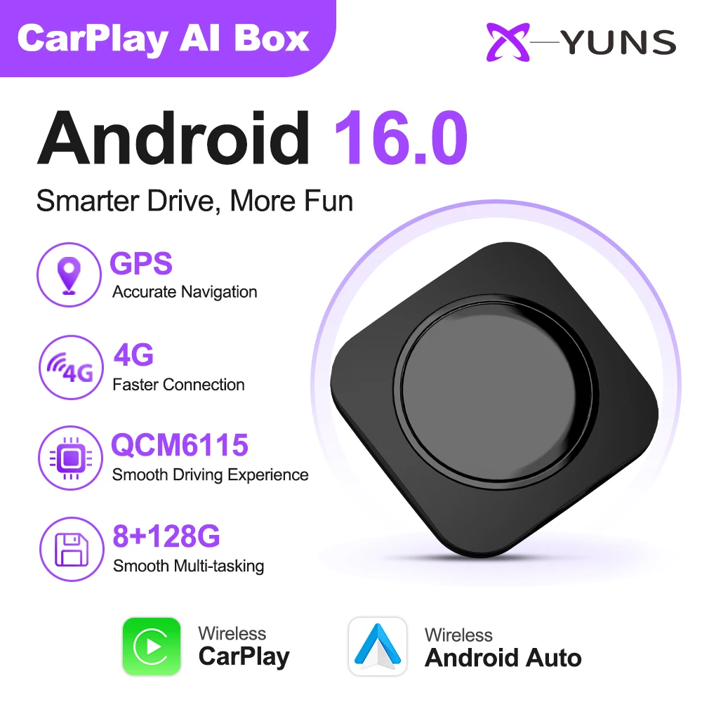 X-YUNS 2026 CarPlay Ai Box For Toyota Qualcomm 6225 Android16 Wireless CarPlay Adapter Plug&Play Wireless CarPlay Android Auto