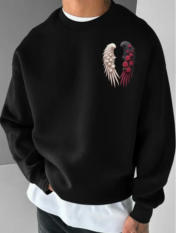 Sudadera de punto con estampado de corazón y bloques de color para hombre, diseño de contraste negro y rojo, jersey informal de manga larga con cuello redondo,
