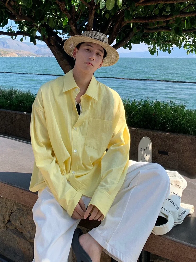 

Желтая мужская рубашка Cr Yellow для летнего пляжного отдыха и путешествий, с защитой от солнца, в американском стиле, для пар, свободного кроя, с длинными рукавами