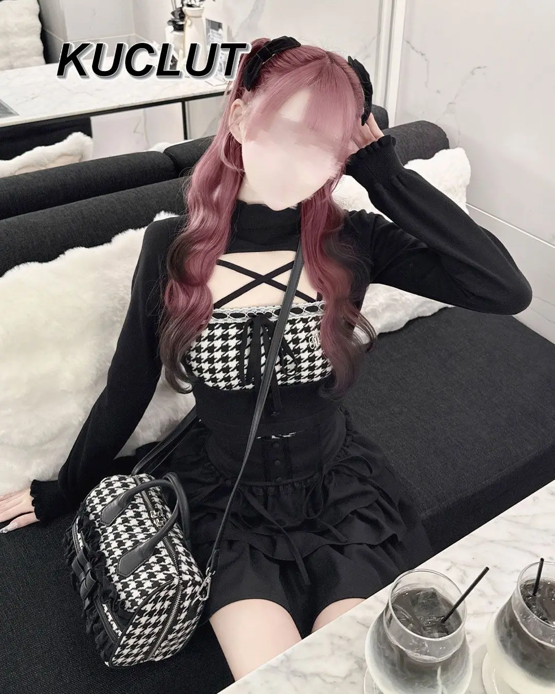 일본 스타일 패션 여성 니트 셔츠 가을 겨울 신상 하운드투스 레이스업 니트 조끼 세트