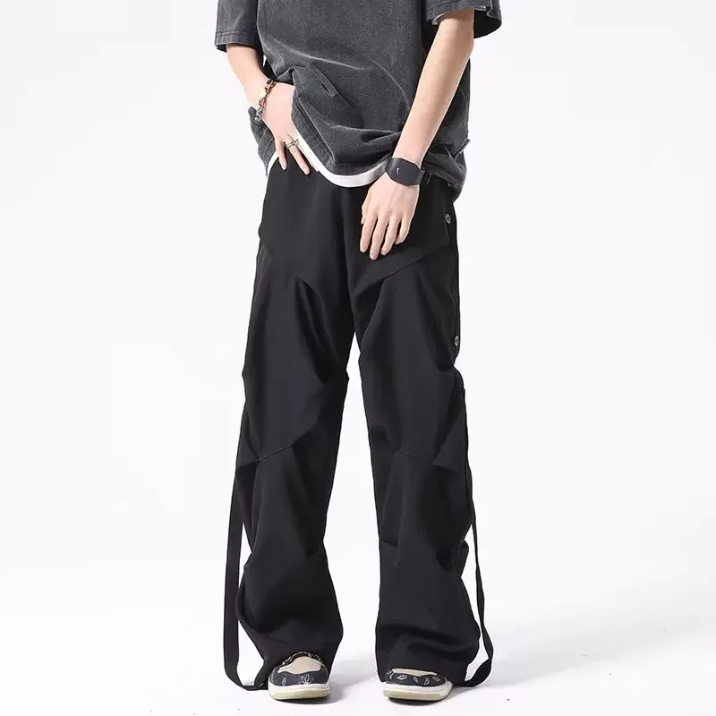 Y2K Casual Women Wide Leg Elastic Waist Pants 2024 Autumn Korean Streetwear Oversized High Waist Joggers Grey Pleated Trousers