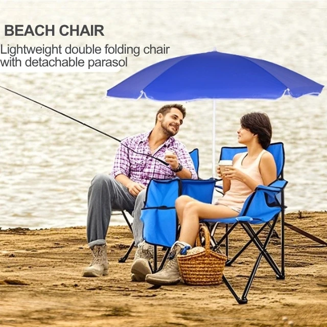 كرسي تخييم مزدوج قابل للطي للنزهات في الهواء الطلق مقعد مزدوج مع حقيبة تبريد ومظلة ومظلة للشمس