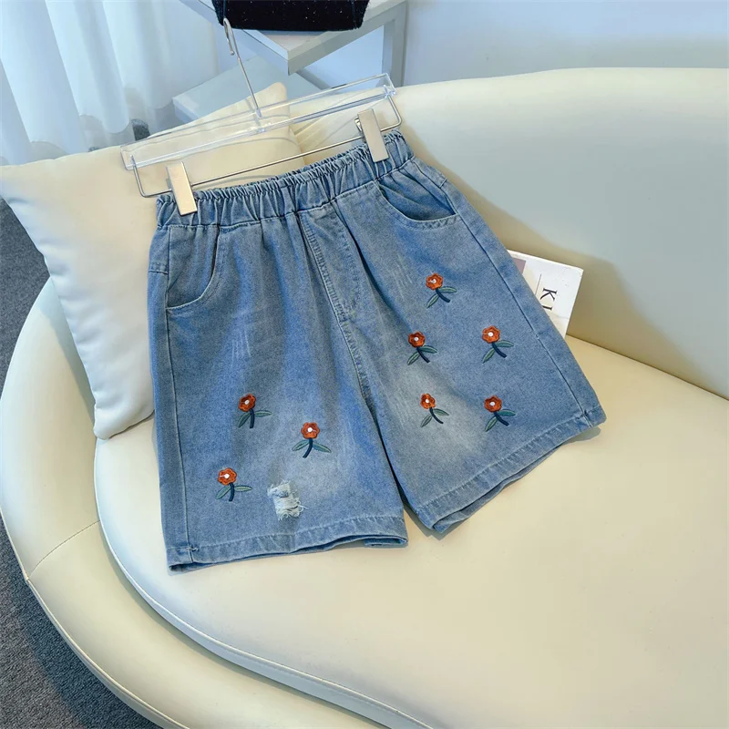 

Big size embroidery flower pattern shorts female summer MM thin with new denim shorts elastic waist pockets high waisted y2k