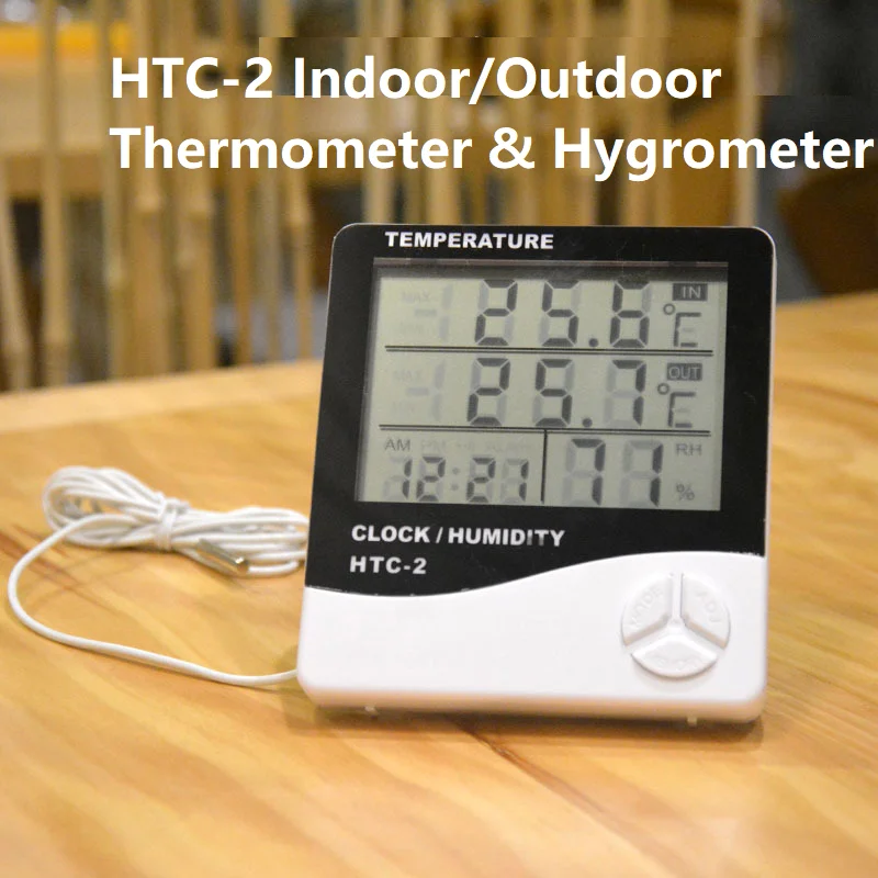 HTC-2 Digital Indoor Outdoor Temperature Humidity Gauge Time Clock Alarm Hygrometer