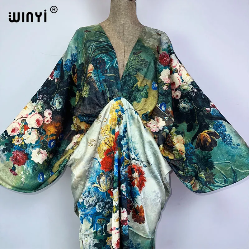 WINYI Boho plaża seksowna sukienka z dekoltem w serek wysokiej jakości dwustronna sukienka Boho elegancka jedwabna sukienka maxi damska wieczorowa