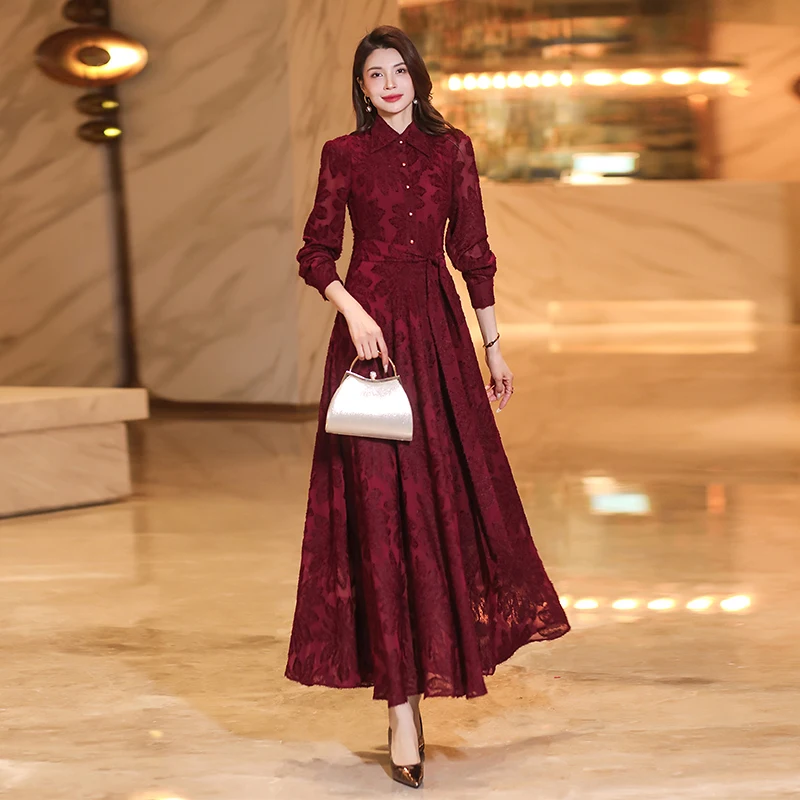 

New Women Spring Autumn Jacquard Chiffon Long Dress Fashion Long Sleeve Slim Mid-Calf Dress Elegant Exquisite Shirt Dress