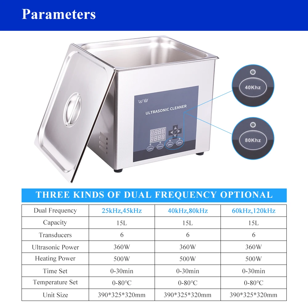 Tullker Dual Frequency Ultrasonic Cleaner 15L Bath 25/45/40/80/60/120kHz Oil Degreaser Engine Ultrasound Clean Carbon Optical