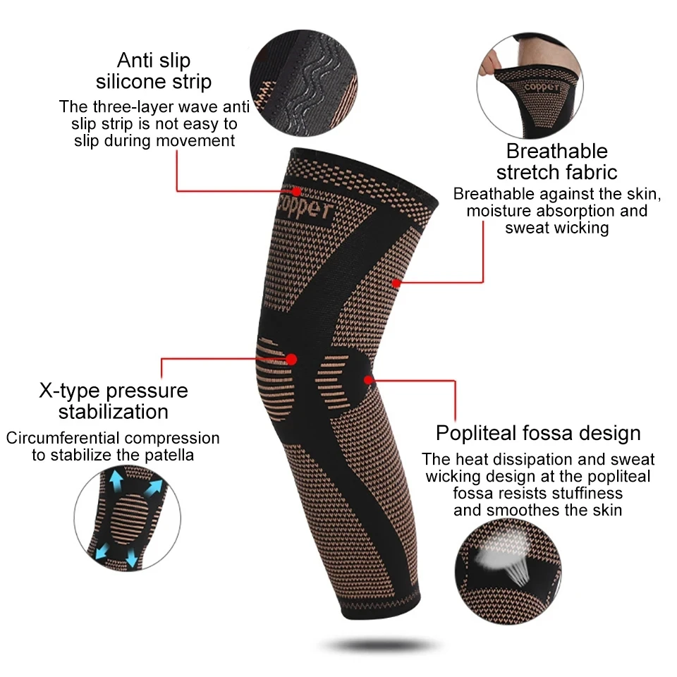 LOOGDEEL Long Copper Nylon Kneepads Sports Fitness Sided Bullet Compression Knee Guard Arthritis Joint Pain Relief Knee Sleeve