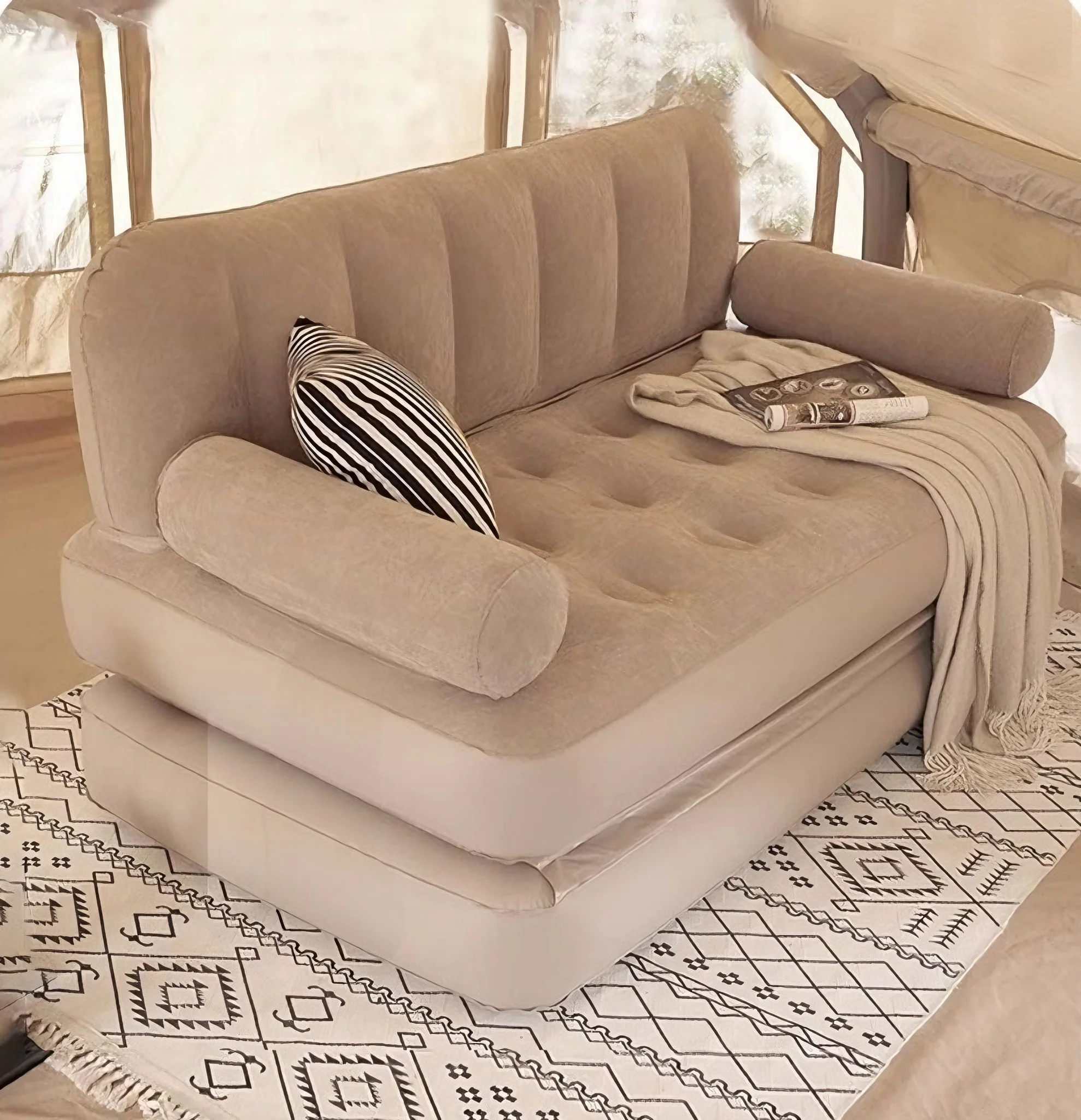 Modern Double PVC Inflatable Mattress/Sofa Chair Foldable Lounger (Flocked) Portable Bedroom Camping Home Use (Multi-Functional