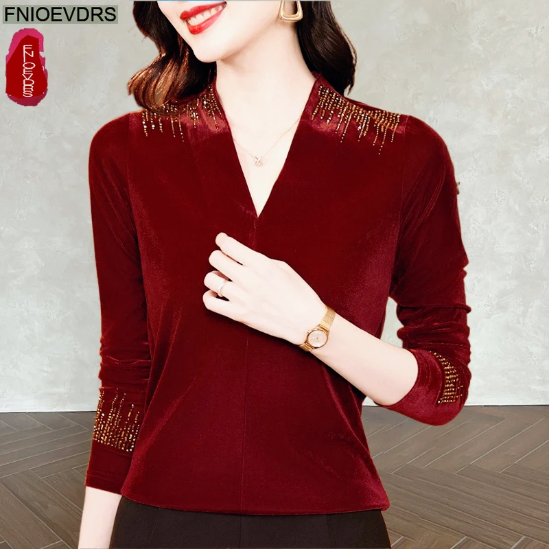 

Блестящие бархатные блузки и топы: Новинка 2026 года, весна-осень, базовая одежда для офиса, женские, с V-образным вырезом, красные, в стиле ретро-винтаж, элегантные рубашки