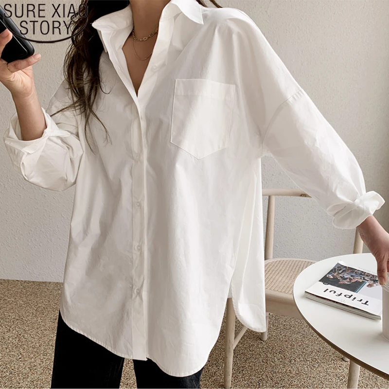 White Cotton Women Shirt 2024 Vintage Long Sleeve Tops Casual Turn-down Collar Loose Blouses 11456