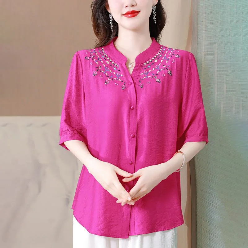 2024 New Summer Chinese Style Retro Women\'s Shirt Loose Casual Elegant Fashion Cotton Linen Embroidery Stand-up Collar Chic Tops