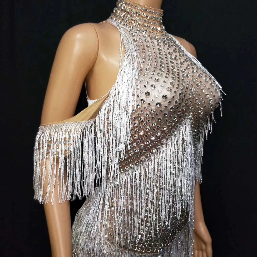 Costume lucido da donna con strass frange alla caviglia con forcella divisa abiti senza schienale Costume da sera per feste vestito da palcoscenico abbigliamento da ballo