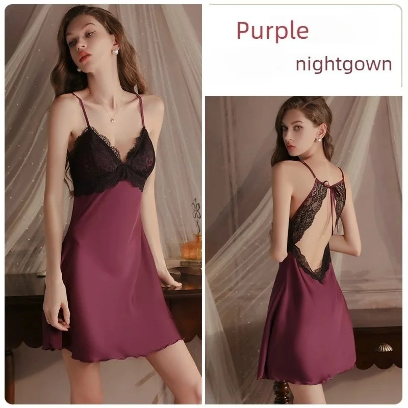 French Style Plus Size Sexy Satin Nightgown Lace Camisole Open Back Tie Silk Sleepwear with Pads Smooth Homewear