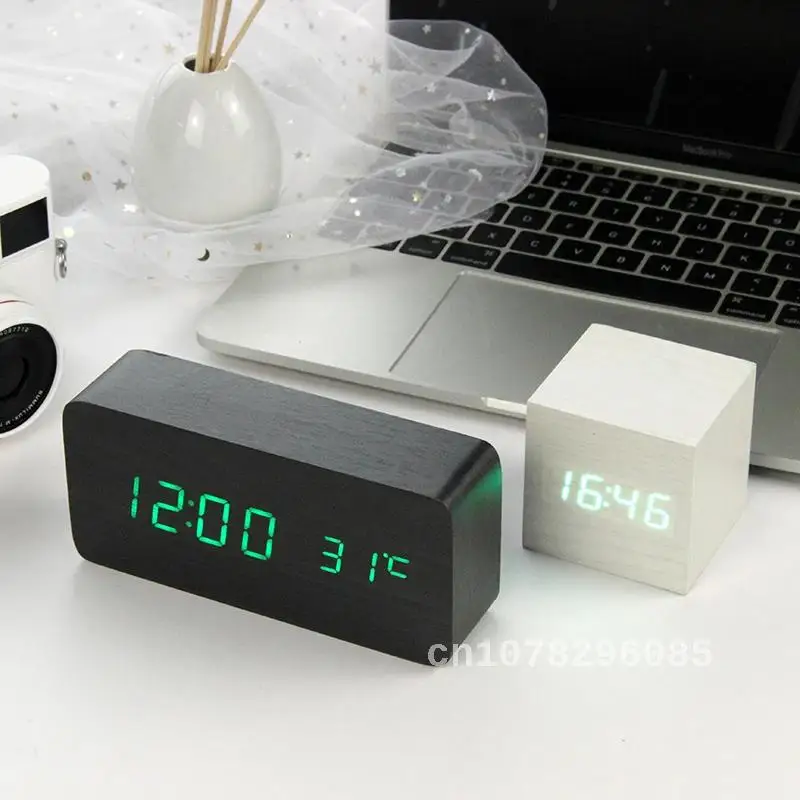 

LED Alarm Clock with Voice Control, Wooden Digital Watch, Electronic Desktop, USB, AAA Powered Decor, Cute Table, 2021 Hot