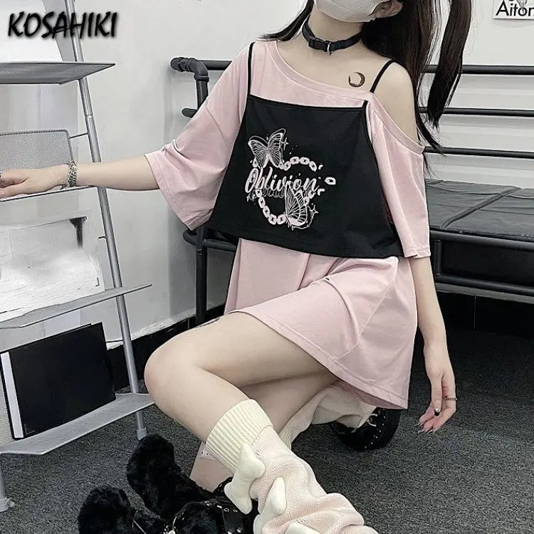 Y2k Off Shoulder Tops Women Fake Two Pieces Patchwork Tee Butterfly Print T-shirt Fairycore Harajuku Aesthetic Grunge Streetwear