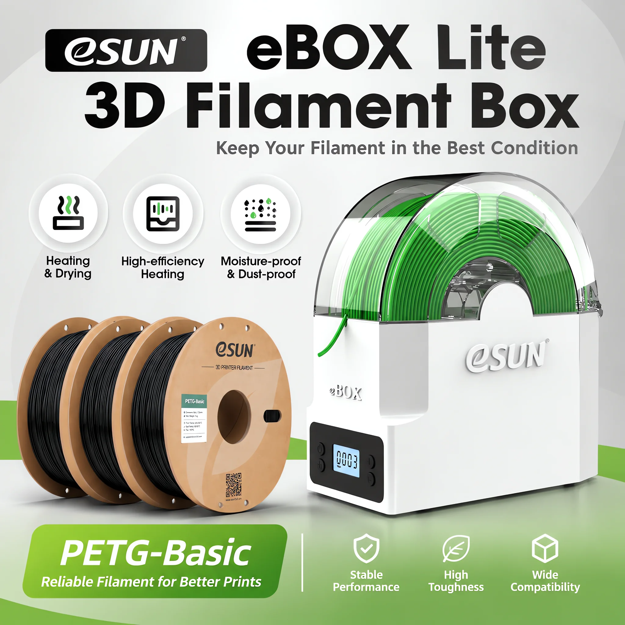 ESUN 3D-Filament-Trockner-Set: Trocknerbox und 3 Stück PETG-Basic-Filamente mit einstellbarer Temperatur und zeitgesteuter Heizfunktion, hohe Kompatibilität.
