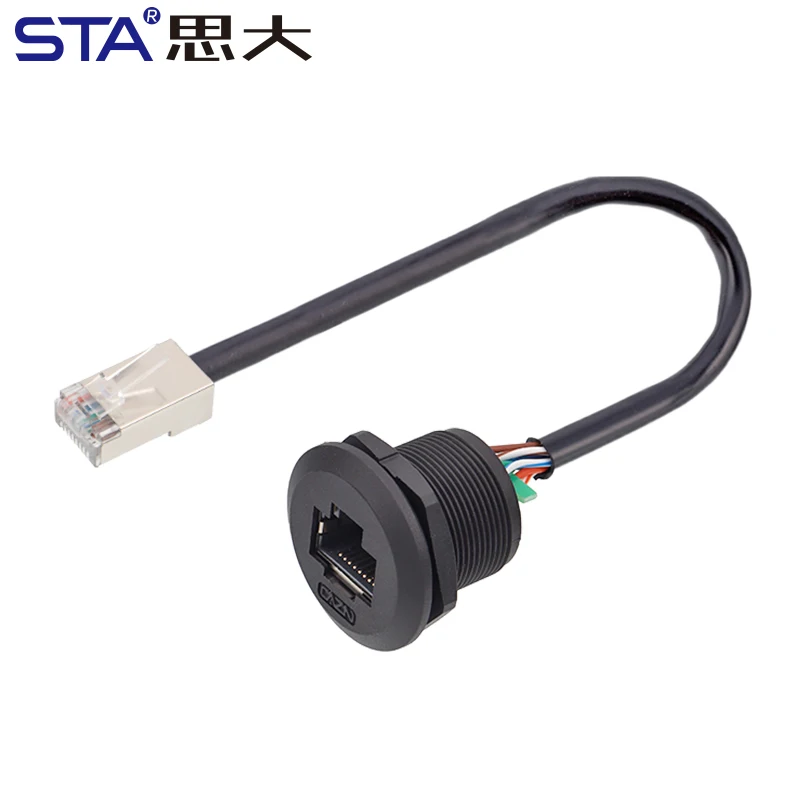 RJ45 Connectors 0.3M Female Socket with Male Straight Plug and Wire Threaded for Front Panel Installation PVC Plastic With Cap