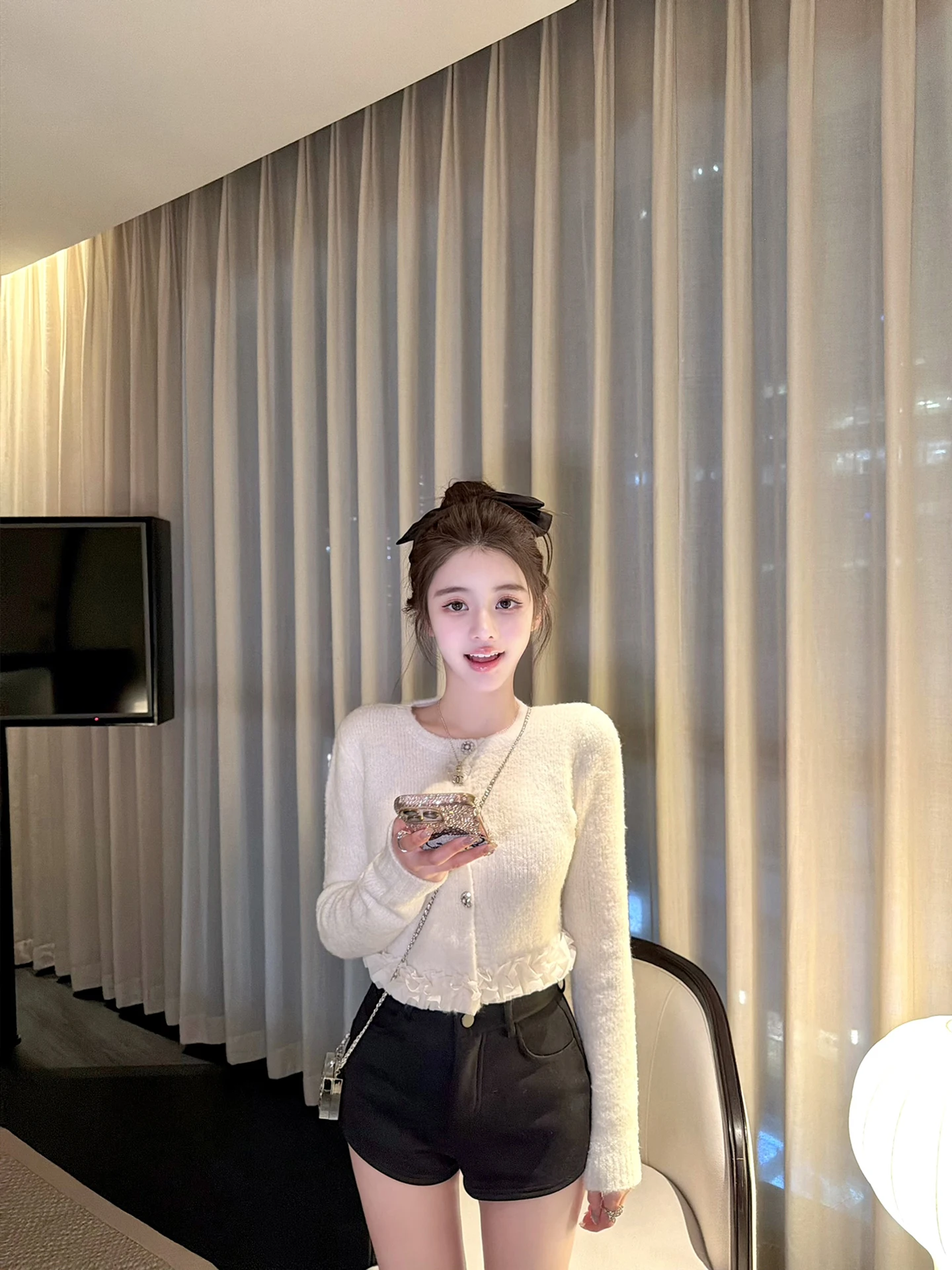 

RuoYu anghai White Beau Me Patchwork Diamond Button Open Cardigan Pure Desire Casual Early Spring Sle Women's Knitwear