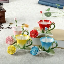 Colorful Embossed Ceramic Coffee Cup with Saucer Enamel Flower Cup Office Afternoon Tea Cup Teacup Household Drinking Utensils