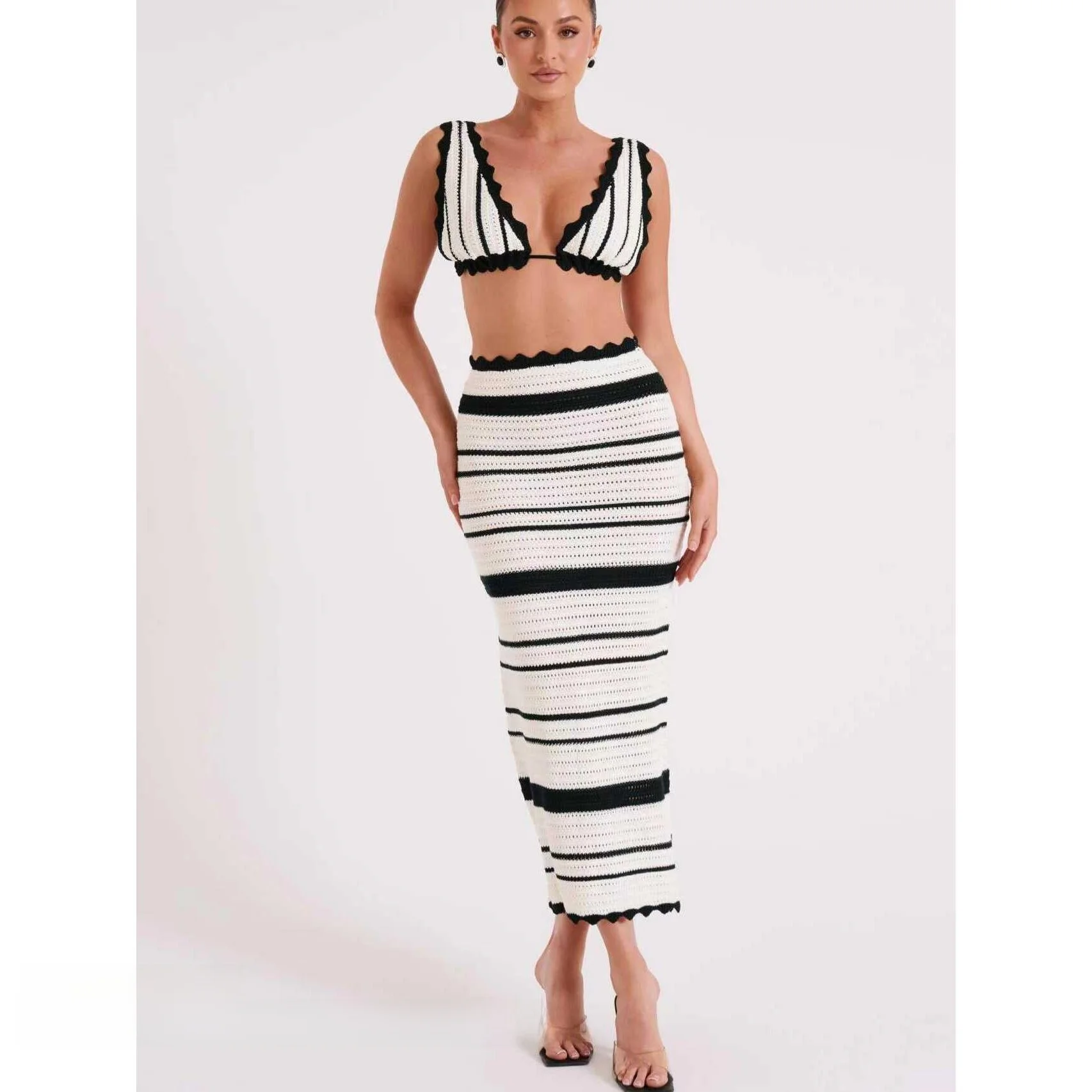 

Striped Casual Vest Strap Beach Skirt Set Two-Piece Set Polyester V-Neck Overhead Fashionable Summer Outfit for Women