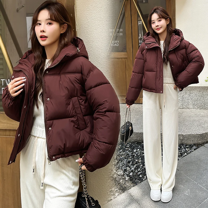 Women's Short Hooded Puffer Jacket, Monochromatic Coat, Basic Cropped Parkas, Autumn and Winter Outwear, New, 2024