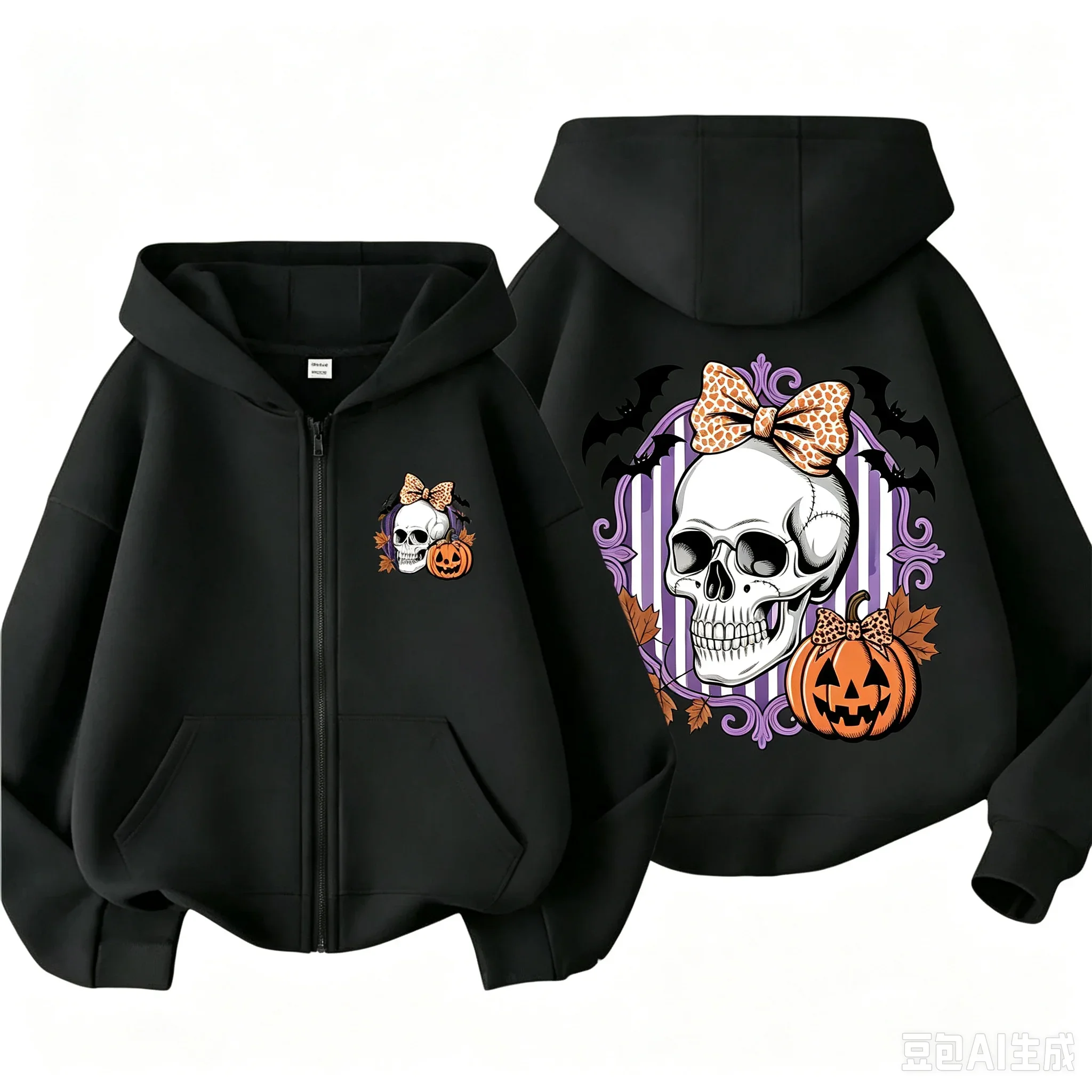Chaqueta con capucha y cremallera para niños, color gris jaspeado, con estampado de calavera, lazo y calabaza, manga larga, informal, para otoño, Halloween
