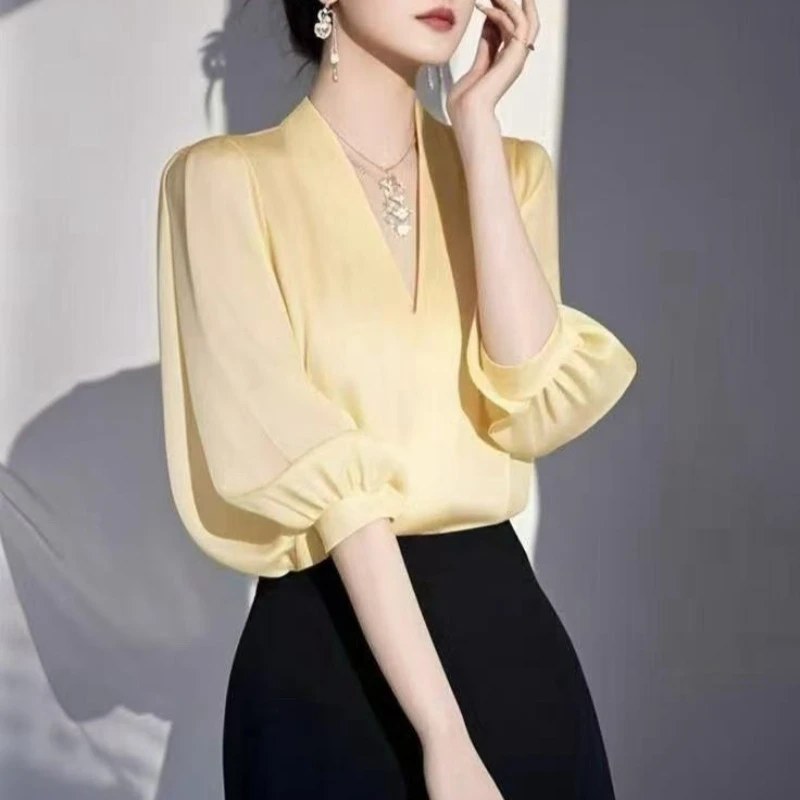 빈티지 여성 블라우스 쉬폰 셔츠 패션 슬림 여름 V넥 한국 의류 반팔 노랑 여성 상의