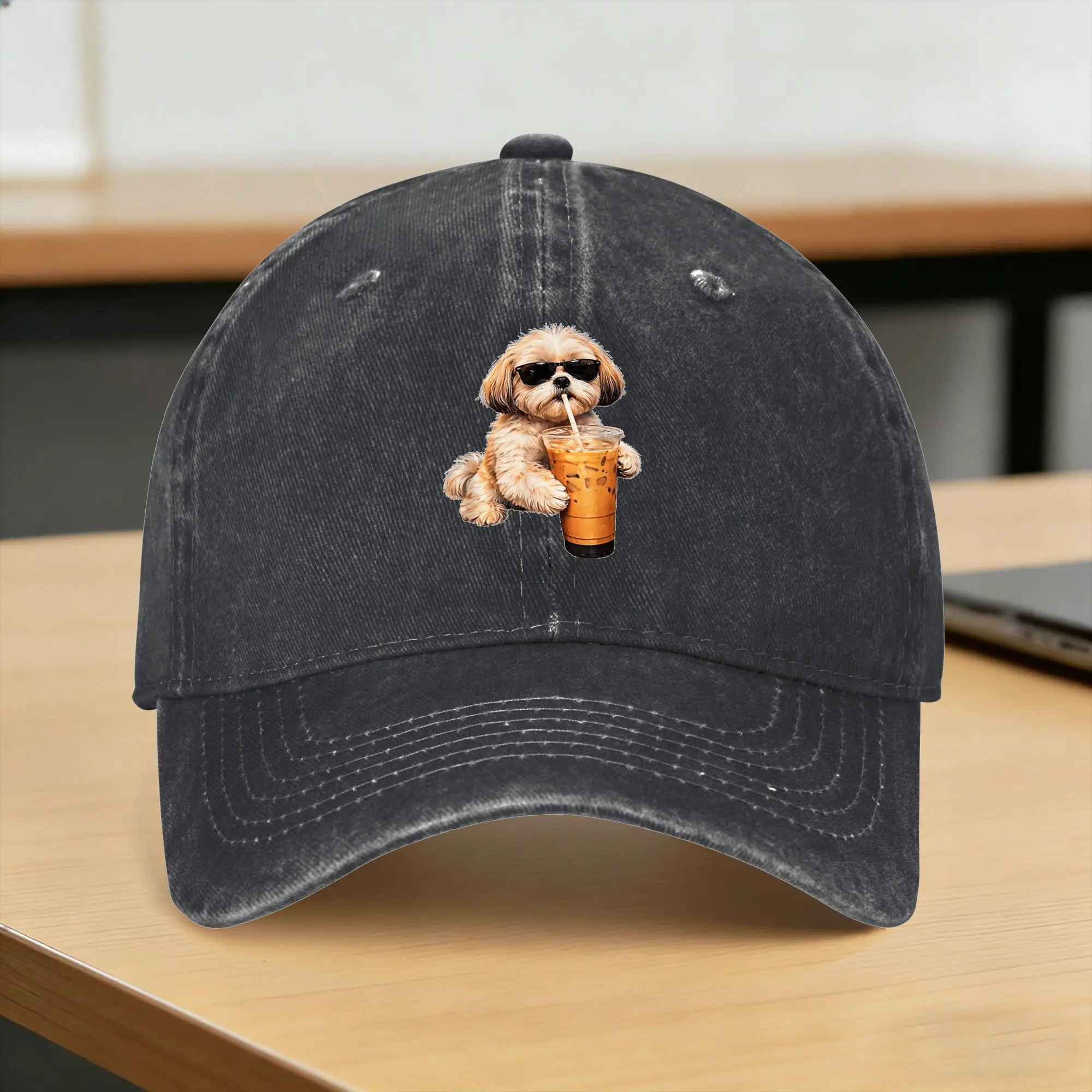 Funny Shih Tzu Drinking Iced Coffee Funny Pet Washed Baseball Cap  Casual Sun Hip Hop Hats Summer Unisex-Teens Baseball Caps