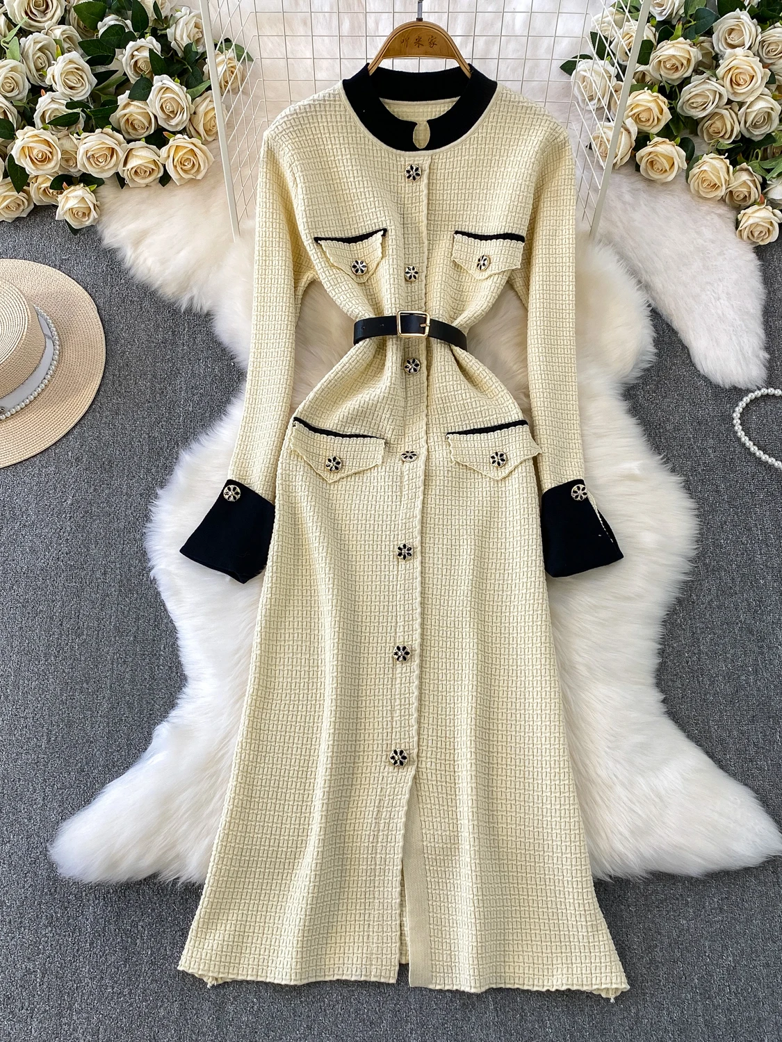 

Темперамент Muse Fan, модное платье с круглым вырезом, женское зимнее платье премиум-класса с грудью на талии, текстурированный вязаный свитер, длинные платья