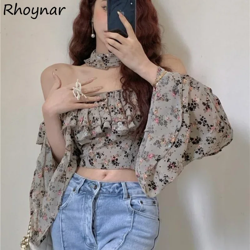 

Blouses with Choker Women Sexy Thin Summer Vintage Ruffles Design Chic Sweet Slash Neck Gentle Lady Cropped Elegant Flare Sleeve